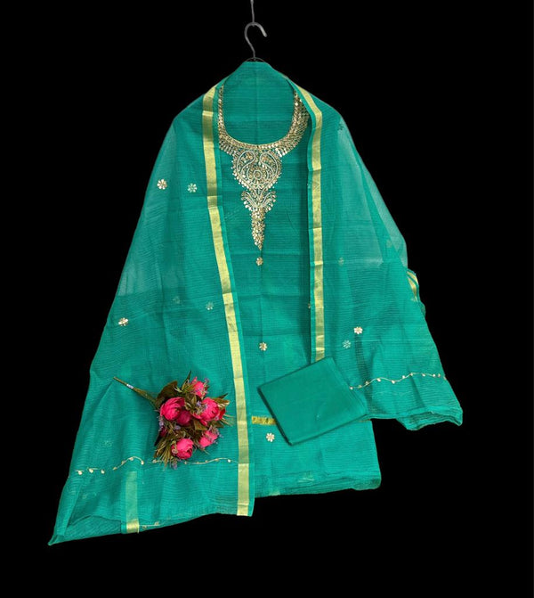 Kota Doria Suit Gota Patti Green 14% Off - IndieHaat