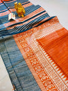 Silkmark Certified Tussar Silk Handloom Handblock Printed Orange and Blue Saree with Blouse-Indiehaat