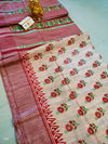 Silkmark Certified Tussar Silk Handloom Handblock Printed Red Saree with Blouse-Indiehaat