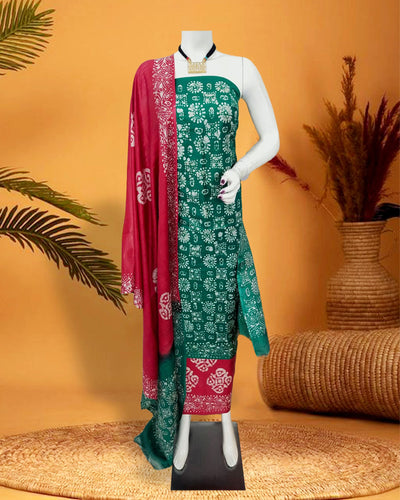 Katan Silk Suits Teal Green Color Batik Print - IndieHaat