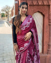 Cotton Linen Batik Work Saree Dark Red Color with running blouse - IndieHaat