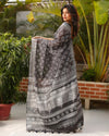 Slub Linen Saree Dark Gray Color Batik Print with running blouse - IndieHaat