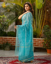 Pure Cotton Kota Doria Saree Turquoise Blue Color Jaal Embroidery with running blouse - IndieHaat