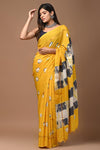 Pure Assam Silk Yellow Saree Hand Block Print-Indiehaat