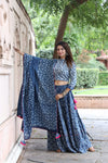 Handblock Printed Cotton Blue Lehanga And Top With Mulmul Dupatta | Indiehaat