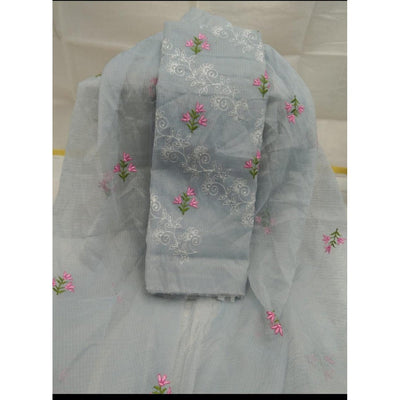 Kota Doria Gray Suit Material 2 Piece Embroidered (Only Top and Dupatta)-Indiehaat