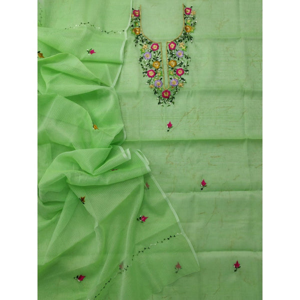 Kota Doria Green Suit Material 2 Piece Embroidered (Only Top and Dupatta)-Indiehaat