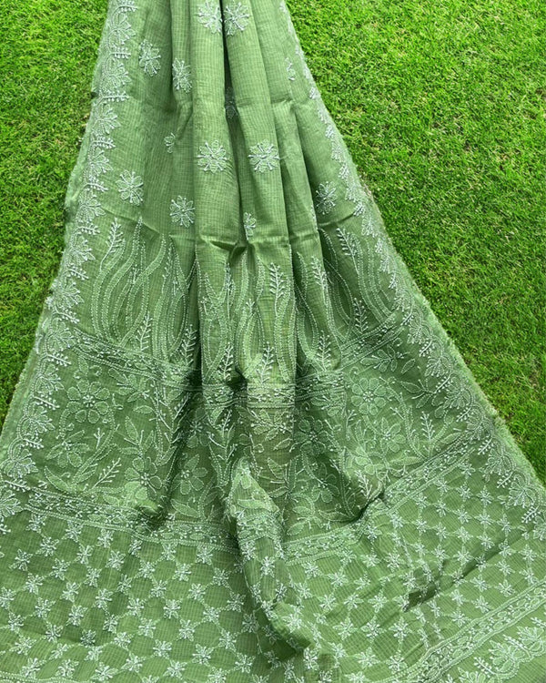Kota Doria Saree Pastel Green Color Chikankari work without blouse - IndieHaat