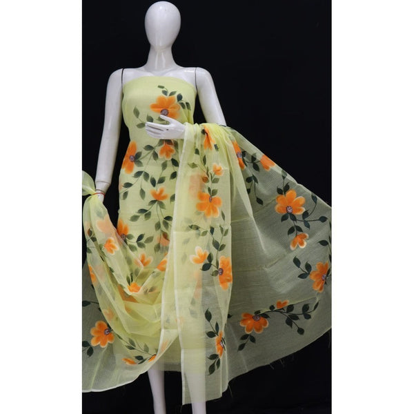 Kota Doria Green Suit Material 2 Piece Hand Painted (Only Top And Dupatta)-Indiehaat