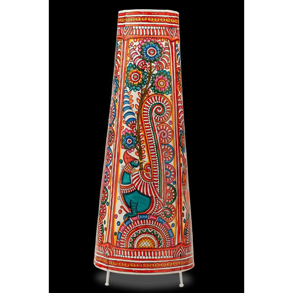 Indiehaat | Peacock Kalamkari Handpainted Standing Round Leather Lamp | 26 Inch