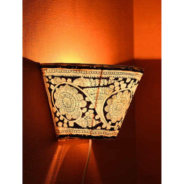 Indiehaat | Peacock Kalamkari Handpainted Wall Mount Leather Lamp | 5.5 Inch