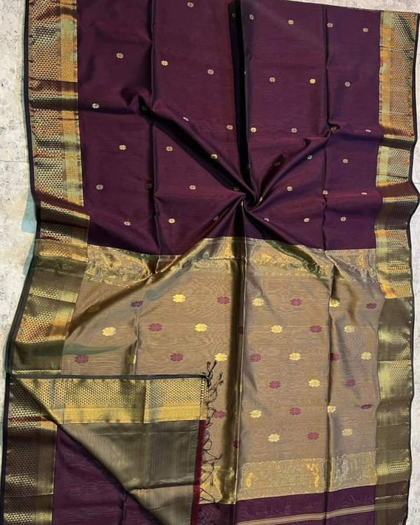 Maheshwari Silk Saree Dark Maroon Color Handloom Handwoven Zari Border with flower Buti work pallu and contrast blouse - IndieHaat
