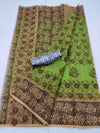 Kota Doria Handblock Printed Green Saree with blouse-Indiehaat