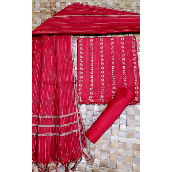 Katan Silk Red Suit Piece with Bottom and Dupatta Handcrafted-Indiehaat