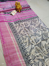 Silkmark Certified Tussar Silk Handloom Handblock Printed Biege and Pink Saree with Blouse-Indiehaat