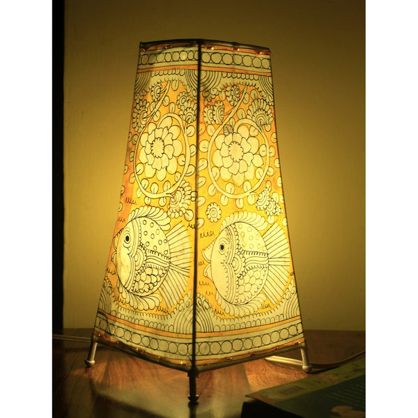 Indiehaat | Fish Kalamkari Handpainted Standing Square Leather Lamp | 13 Inch