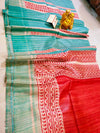 Silkmark Certified Tussar Silk Handloom Handblock Printed Red and Blue Saree with Blouse-Indiehaat