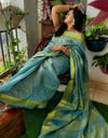 Handdyed Pure Tissue Linen Digital Embroidered Saree Blue Colour With Running Blouse-Indiehaat