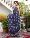 Kota Silk Saree Slate Blue Color Batik Print with running blouse - IndieHaat