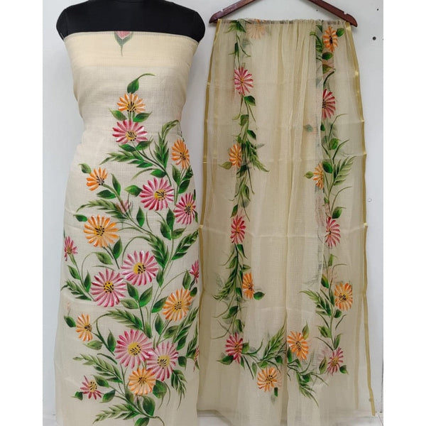 Kota Doria Off White Suit 2 Piece Handpainted (Only Top and Dupatta)-Indiehaat