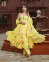 Organza Stitched Suit Yellow Color Hand painted - IndieHaat