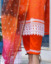 Pure Cotton Kota Doria Suits (Top+Bottom+Dupatta) Orange Color Stitch embroidery with Hand Bandhej work Dupatta - Indiehaat