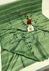 Bansbara Tussar Silk Handloom Saree Amulet Green Colour with Running Blouse-Indiehaat