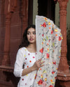 Kota Doria Cotton Suit (Top+Bottom+Dupatta) White Color Stitch embroidery work - IndieHaat