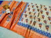 Silkmark Certified Tussar Silk Handloom Handblock Printed Blue and Orange Saree with Blouse-Indiehaat