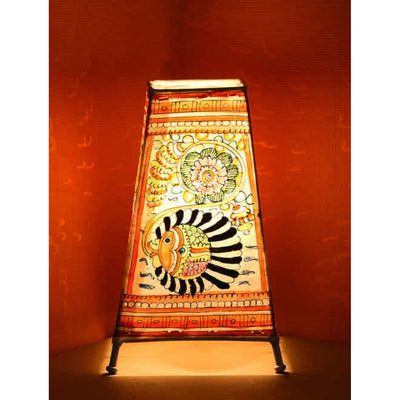 Indiehaat | Fish Kalamkari Handpainted Standing Square Leather Lamp | 9 Inch