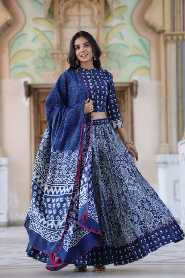 Cotton Lehanga HandBlock Print Blue 20% Off - IndieHaat