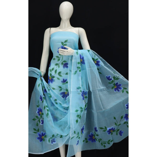 Kota Doria Blue Suit Material 2 Piece Hand Painted (Only Top And Dupatta)-Indiehaat