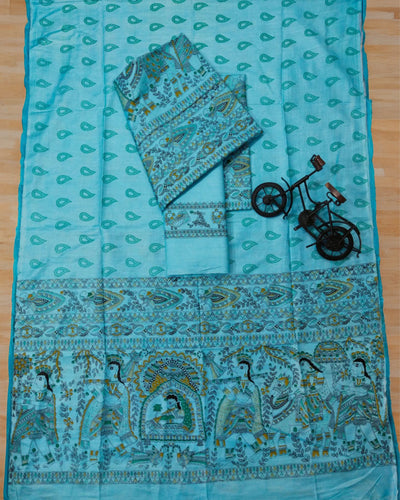 Katan Silk Suit Turquoise Blue Color Madhubani Print - IndieHaat