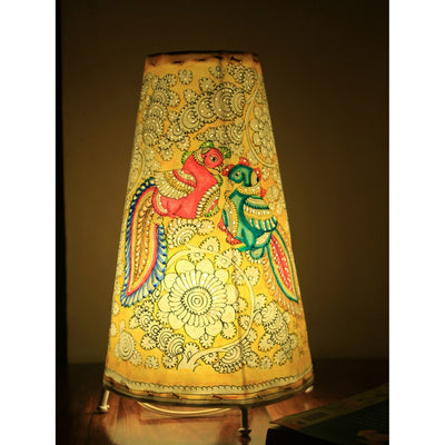 Indiehaat | Peacock Kalamkari Handpainted Standing Round Leather Lamp | 26 Inch