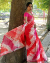 Cotton Linen Saree Pink & Red Color Shibori Hand Dyed with running blouse - IndieHaat