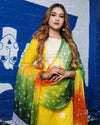 Pure Cotton Kota Doria Suits (Top+Bottom+Dupatta) Yellow Color Stitch embroidery with Hand Bandhej work Dupatta - Indiehaat