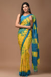 Pure Assam Silk Yellow and Blue Saree Hand Block Print-Indiehaat
