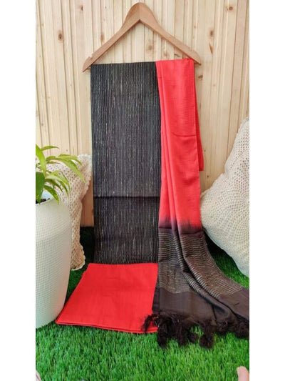 Handcrafted Katan Silk Black and Red Suit Piece with Bottom and Dupatta-Indiehaat