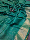 Kota Slub Striped Body Sequence Pallu Hand Dyed Green Saree with Blouse-Indiehaat