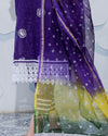 Pure Cotton Kota Doria Suits (Top+Bottom+Dupatta) Purple Color Stitch embroidery with Hand Bandhej work Dupatta - Indiehaat