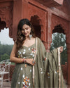 Organza Stitched Suit Gray Olive Color Hand painted - IndieHaat