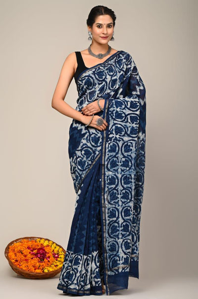 Pure Chanderi Silk Dark Blue Saree Handblock Printed with running blouse