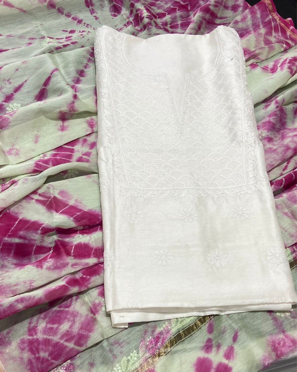 Pure Chanderi Silk Kurti White Color with heavy Chikankari work Dupatta - IndieHaat