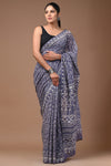 Mulmul Cotton Saree Slate Gray Color Handblock Printed with running blouse - IndieHaat