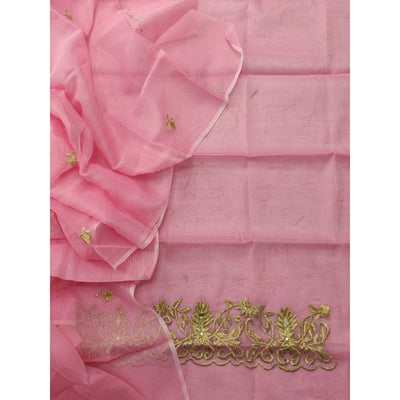 Kota Doria Pink Suit Material 2 Piece Embroidered (Only Top and Dupatta)-Indiehaat