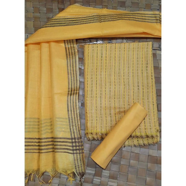 Katan Silk Yellow Suit Piece with Bottom and Dupatta Handcrafted-Indiehaat