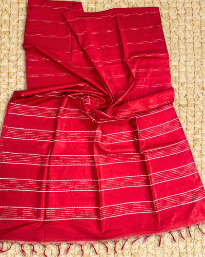 Pure Kota Silk Weaving Saree Crimson Red Color with Dupion Strip and running blouse - IndieHaat