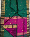 Maheshwari Silk Saree Dark Green Color Handloom Handwoven Zari Border with flower Buti work pallu and contrast blouse - IndieHaat