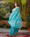 Pure Cotton Kota Doria Saree Turquoise Blue Color Jaal Embroidery with running blouse - IndieHaat