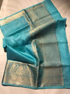 Silk Linen Banarasi Brocade Weaving Handloom Blue Saree with Blouse-Indiehaat